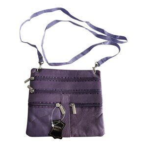 Lavender Genuine Leather Crossbody Bag with Front and Back Zippers